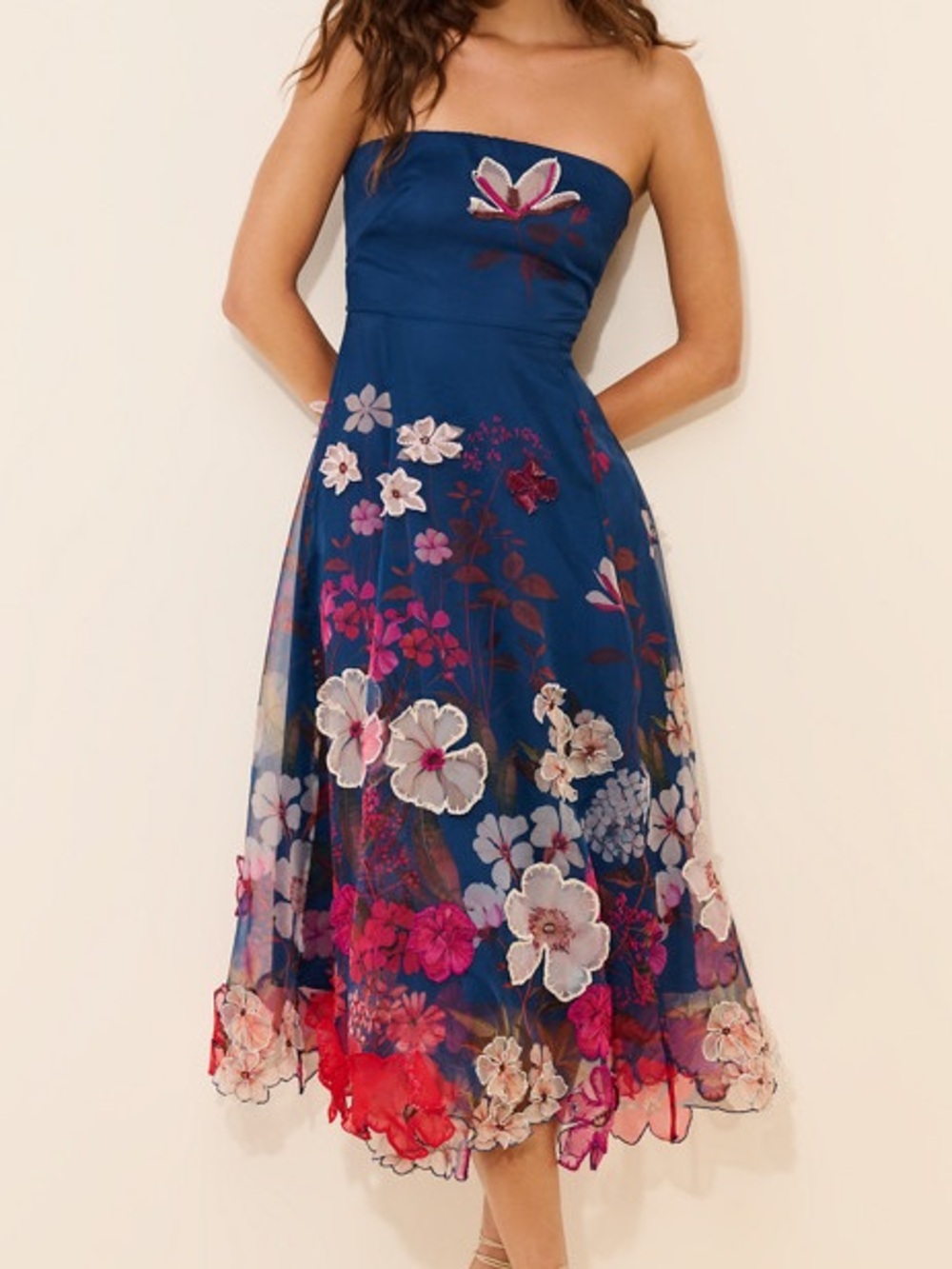 Maeve Navy Floral Appliqué Strapless Embroidered Formal Evening Midi Dress M